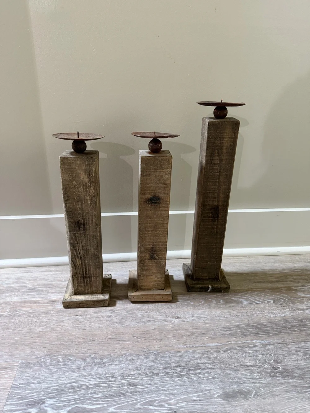 Rustic Wood Pillar Candle Holders - Set of 3